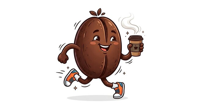 Happy coffee bean cartoon character running with a drink illustration