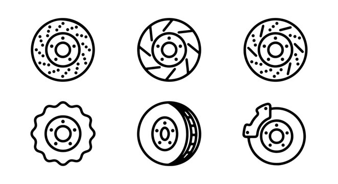Brake disc icon set, 6 automotive rotor vectors, car part line art