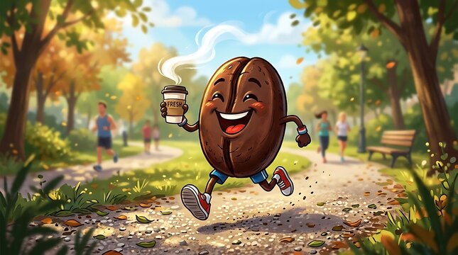 Happy coffee bean character running in a sunny park illustration