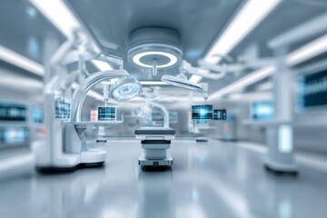 Fototapeta premium Futuristic operating room with advanced robotic surgical equipment. Modern hospital interior with high-tech medical technology. Healthcare and innovation concept
