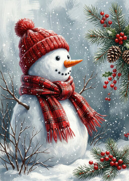 Cheerful Snowman with Red Knit Beanie and Scarf among Festive Pine Branches