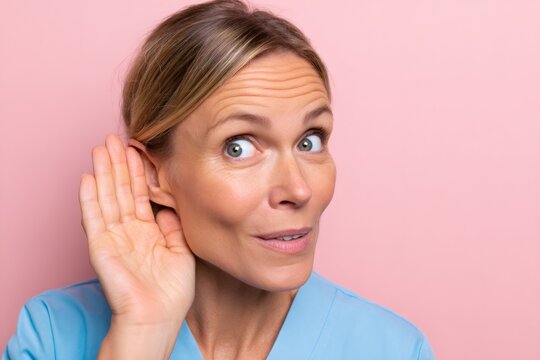Curious nurse in scrubs holding a hand to her ear. Medical professional eavesdropping on hospital gossip. Healthcare worker hearing a secret on a pink background