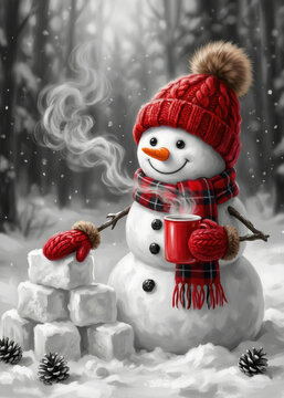 Cute Snowman Wearing Red Hat and Scarf Holding a Steaming Mug in Winter