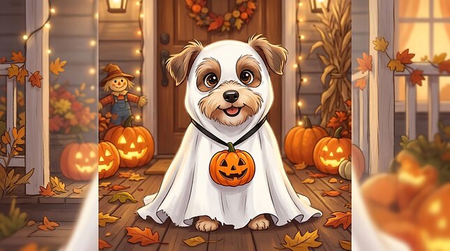 Cute puppy in ghost costume sitting on porch for Halloween illustration