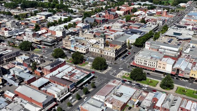Zoom in to Ballarat city Town Hall building aerial cityscape view Sturt street intersection.