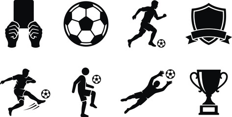 Football elements set for image featuring referee card ball dribbling player shield badge shooting athlete juggling stickman goalkeeper diving and champion trophy © SREEMOTIDIPIKA