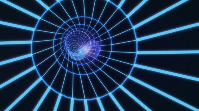 Vivid blue tunnel with lines and glowing patterns in dark space