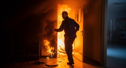 Fototapeta premium Man escaping burning room, flames and smoke pouring from doorway. Emergency fire situation, danger, and safety concept. Dramatic scene.