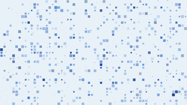 Abstract blue square pixel pattern scattered over light background with various cube sizes.
