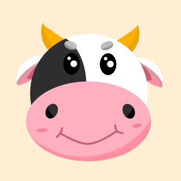 Cartoon Cow Face Illustration. Cute Cow Head Character. Smiling Cow Face Icon