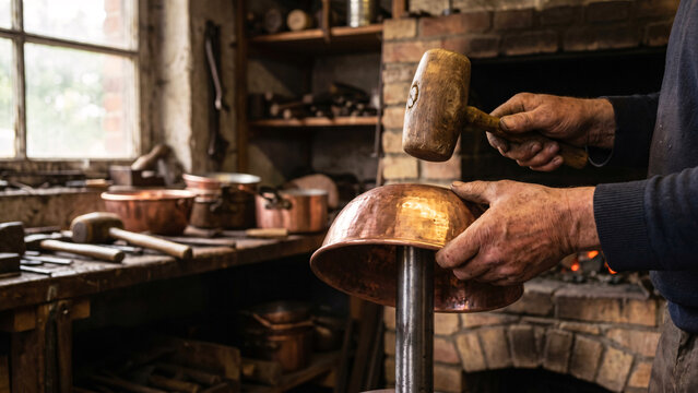Artisan Coppersmith Hammering a Hand-Raised Bowl in a Rural Forge, Traditional Metalwork, Skilled Craft and Local Industry