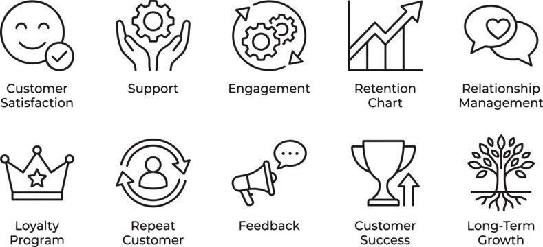 Set of ten flat line customer service and loyalty growth icons Vector