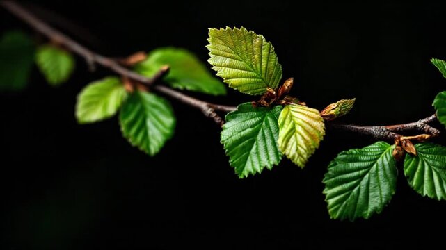 Close-up of branch with vibrant green leaves against a stark black background. Natural textures