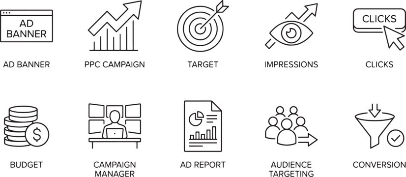 Set of flat icons illustrating digital advertising campaign elements Vector