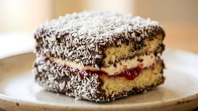 Creamy slice of an Australian lamington cake dessert on a white plate shot macro against a cafe background