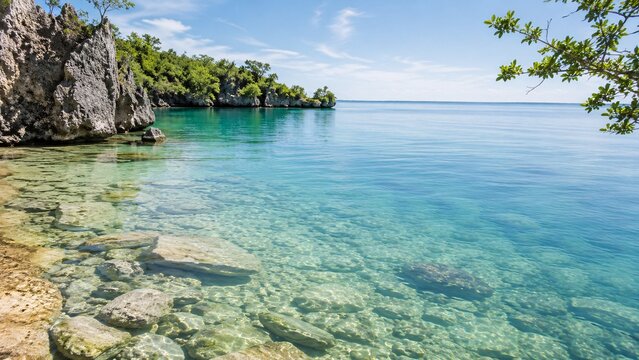 Turquoise tropical bay with a rocky shore and clear shallows