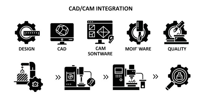 CAD CAM Integration: Design to Quality Control Workflow Icons