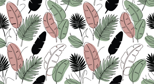Tropical leaf pattern, colorful foliage illustration, pink green black leaves, seamless design