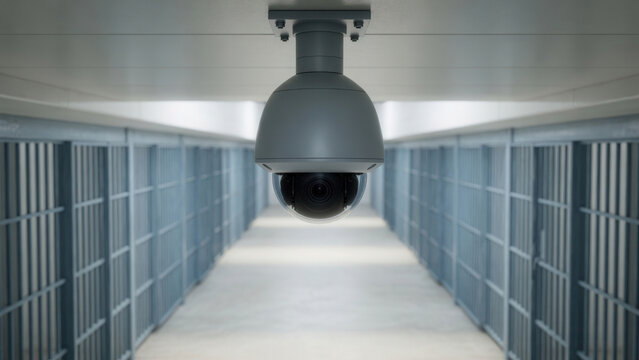Security camera in prison cell block hallway, surveillance and control in modern correctional facility