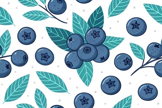 Seamless pattern background with fresh blue blueberries and green leaves