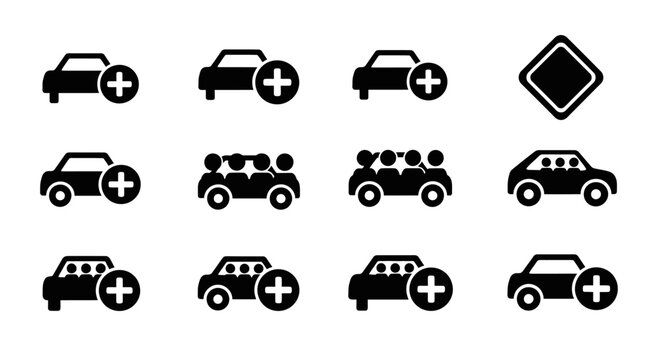 Car Icons Set: Add, Family, Passenger, and Traffic Sign Icons