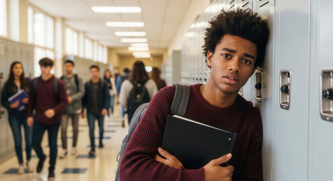 African American male student with anxiety leaning on lockers in school hallway, representing loneliness and peer pressure in education