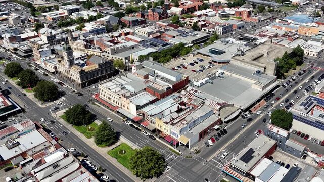 Main Sturt street in Ballarat city of Australia &ndash; aerial top down view intersections and architecture.