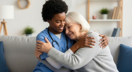 Fototapeta premium African American doctor and caregiver hug senior Caucasian woman on couch, showing empathy and support in elderly care
