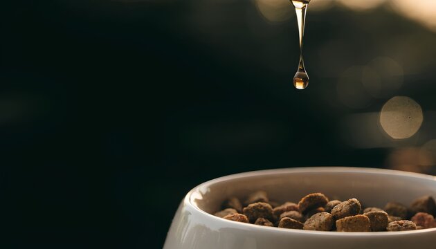 Golden oil drop falling into a bowl of dry cat food