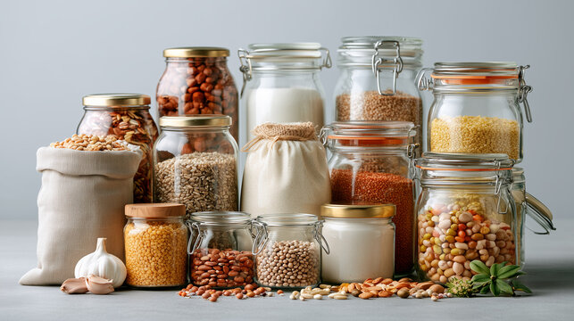 Donated pantry essentials arranged in glass jars