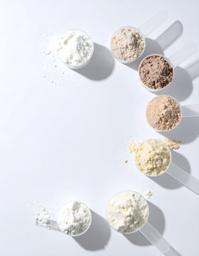 Five Scoops of Different Protein Powder Flavors on White Background Top View
