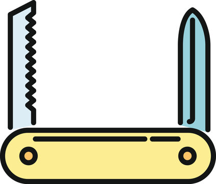 Multipurpose camping tool featuring a knife and saw blade in flat design