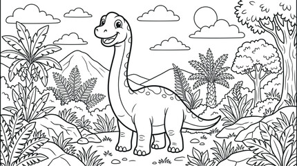  Prehistoric dinosaur coloring page featuring cute cartoon sauropod brachiosaurus in a jurassic jungle landscape outline vector illustration © ISMOTARA