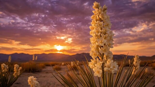 Vibrant desert sunset illuminates a blooming yucca plant with a dramatic purple sky.