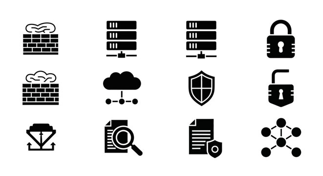 Cyber Security Icons Set - Firewall, Server, Cloud, Lock, Shield, Network
