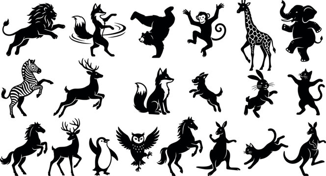  Wild and domestic animal silhouette set featuring active dancing jumping elephant lion giraffe bear horse vector illustration