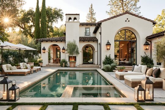 Luxury Tuscan Revival villa architecture with an elegant brick arched arcade and crystal clear blue swimming pool. Mediterranean premium residential design concept.