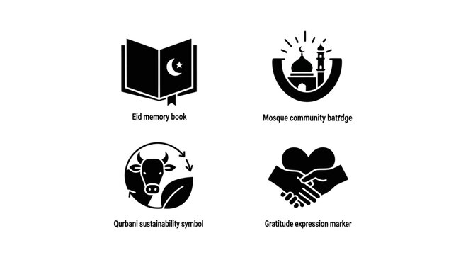Eid Celebration Icons: Quran, Mosque, Sacrifice, Gratitude Symbols