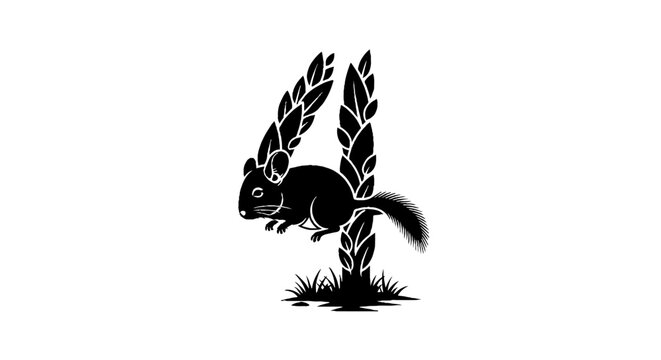 Black and white squirrel with leafy wings illustration.