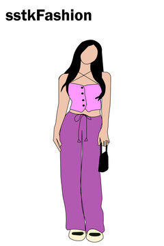 Illustration of a woman wearing a pink top and purple pants with a black handbag.  Resizable and editable, EPS 10.