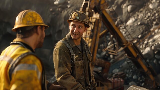 Miners in high-visibility uniforms share a lighthearted moment while standing near heavy drilling equipment at an active extraction site.
