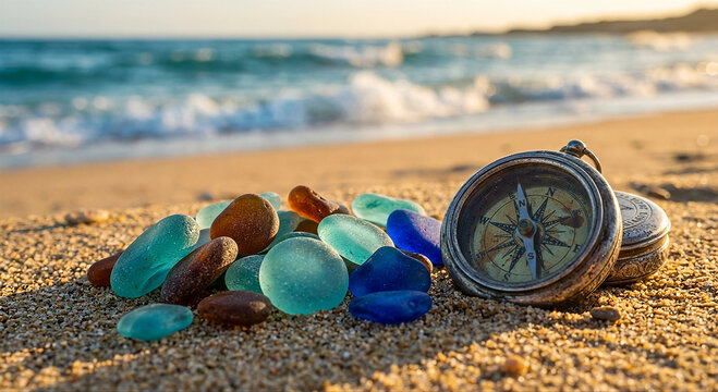 Vintage Compass and Colorful Sea Glass on Sandy Beach at Golden Hour