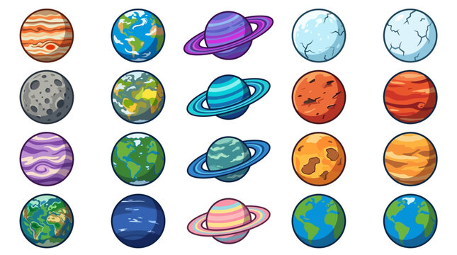 Planet Icons Set: Colorful Cartoon Solar System Planets Collection