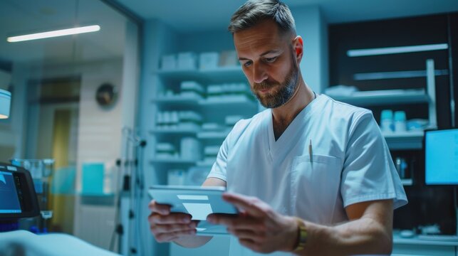 Healthcare professional examines digital patient records on a tablet device within a modern clinical medical laboratory setting.