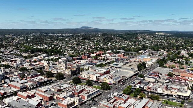 Aerial panorama of Ballarat city downtown streets and houses historic victorian architecture.