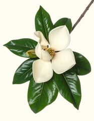 Naklejka premium Large creamy-white magnolia flower and glossy green leaves isolated on white background, iconic southern tree botanical photography