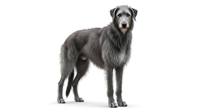 A majestic Scottish Deerhound dog with a shaggy grey coat stands gracefully on a pristine white background, looking directly forward.