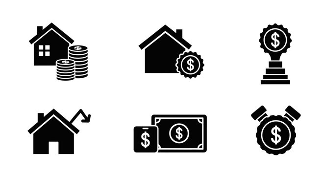 Real Estate Investment Icons: House, Money, Growth, Savings, Trophy, Stopwatch