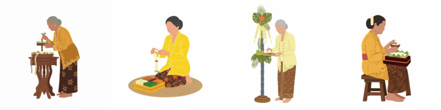 Set of flat illustrations depicting Javanese women in traditional kebaya performing various ritual preparations and cultural ceremonies in Indonesia.