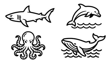 Marine Life Icons: Shark, Dolphin, Octopus, Whale - Simple Line Art © vino